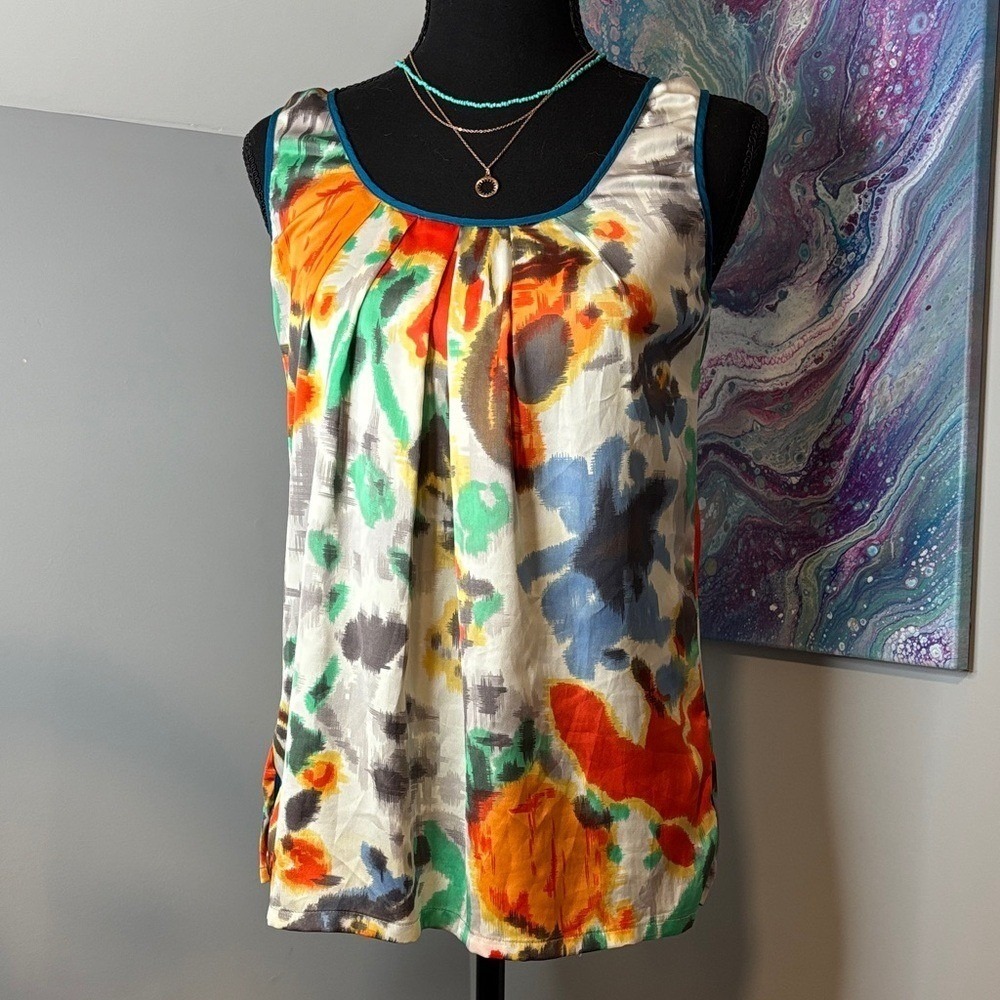 Fei Anthropologie Abstract Ikat Floral Pleated‎ Scoop Neck Tank Top Blouse Small